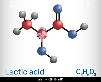 Milchsäure, Laktat, Milchzucker, C3H6O3-Molekül. Es handelt sich um Lebensmittelzusatzstoff E270 und Alpha-Hydroxy-Säure AHA. Molekülmodell. Vektorgrafik Stock Vektor