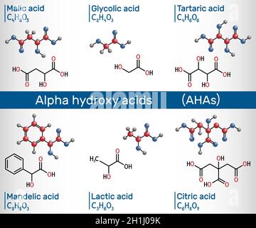 Alpha-Hydroxy-Säuren, AHA. Glykolisch C2H4O3, laktisch C3H6O3, malisch C4H6O5, tartar C4H6O6, citric C6H8O7, Mandelsäure C8H8O3-Molekül. Bauliche Chem Stock Vektor