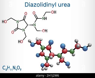 Diazolidinylharnstoffmolekül. Es ist antimikrobiell konservierend. Wird in vielen Kosmetika verwendet. Strukturelle chemische Formel und Molekülmodell. Vektorillust Stock Vektor