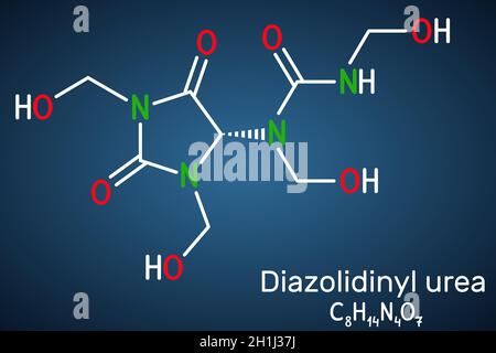 Diazolidinylharnstoffmolekül. Es ist antimikrobiell konservierend. Wird in vielen Kosmetika verwendet. Strukturelle chemische Formel auf dem dunkelblauen Hintergrund. Vect Stock Vektor