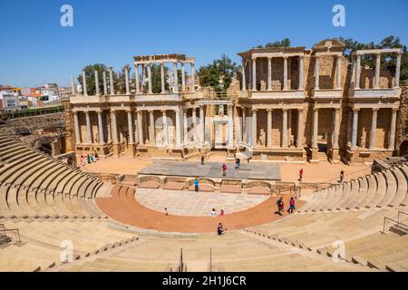 In MERIDA, SPANIEN - Juni 9, 2019: antike Römische Theater in Mérida, Spanien. Durch die Römer am Ende des 1.Jahrhundert erbaut oder im frühen 2. Jahrhundert Stockfoto