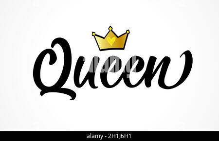 Königin Krone Vektor Kalligraphie Design. Textbeschriftung „Queen“ zum Bedrucken von T-Shirt, Hemd, Kapuzenpullover, Poster, Banner, Aufkleber, Karte. Vektor für Handbeschriftung Stock Vektor