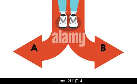 Wählen Sie Ihren Weg. Vektorgrafik. Flaches Design. Der junge Mann steht auf einer roten Gabel mit zwei Pfeilen Stock Vektor