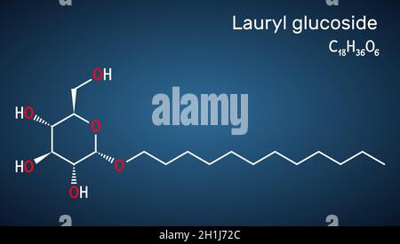 Lauryl-Glucosid, Dodecyl-Glucosid-Molekül. Es ist ein nichtionisches Tensid, das in Kosmetika und Waschmitteln verwendet wird. Strukturelle chemische Formel auf dem Stock Vektor