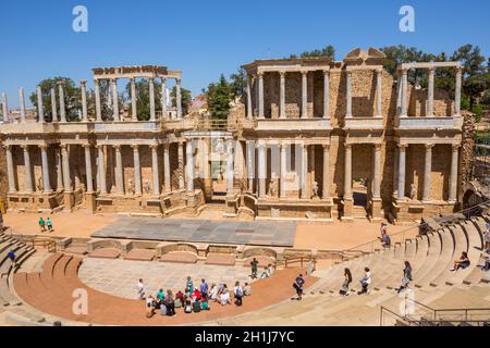 In MERIDA, SPANIEN - Juni 9, 2019: antike Römische Theater in Mérida, Spanien. Durch die Römer am Ende des 1.Jahrhundert erbaut oder im frühen 2. Jahrhundert Stockfoto