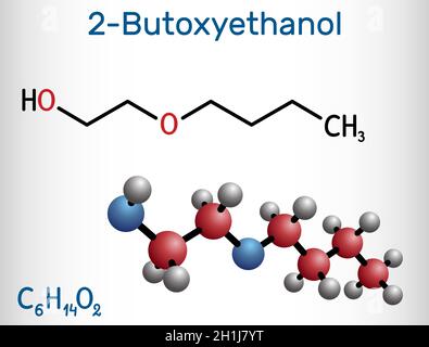 2-Butoxyethanol, Butoxyethanolmolekül. Es ist primärer Alkohol und Äther. Wird als Lösungsmittel und zur Herstellung von Farben und Lacken verwendet. Strukturchemikalie Stock Vektor