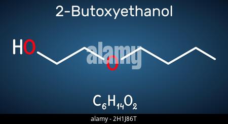 2-Butoxyethanol, Butoxyethanolmolekül. Es ist primärer Alkohol und Äther. Wird als Lösungsmittel und zur Herstellung von Farben und Lacken verwendet. Strukturchemikalie Stock Vektor