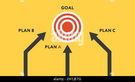 Backup-Plan. Vektorgrafik in flacher Ausführung. Drei verschiedene Pfeile bewegen sich zu einem Ziel Stock Vektor