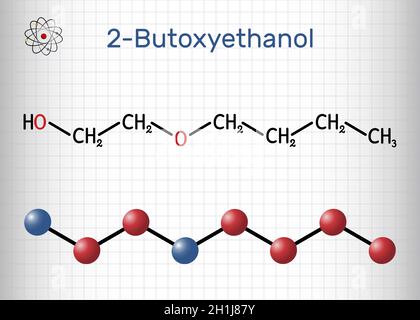 2-Butoxyethanol, Butoxyethanolmolekül. Es ist primärer Alkohol und Äther. Wird als Lösungsmittel und zur Herstellung von Farben und Lacken verwendet. Strukturchemikalie Stock Vektor