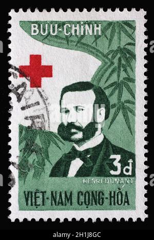 Stempel gedruckt in South Vietnam zeigt Henry Dunant, Jahrestag des Roten Kreuzes, um 1960. Stockfoto