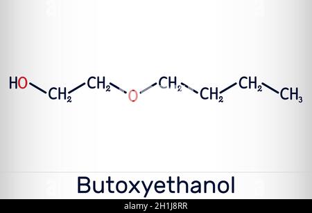 2-Butoxyethanol, Butoxyethanolmolekül. Es ist primärer Alkohol und Äther. Wird als Lösungsmittel und zur Herstellung von Farben und Lacken verwendet. Chemische Formel des Skeletts Stock Vektor