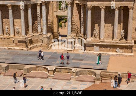 In MERIDA, SPANIEN - Juni 9, 2019: antike Römische Theater in Mérida, Spanien. Durch die Römer am Ende des 1.Jahrhundert erbaut oder im frühen 2. Jahrhundert Stockfoto