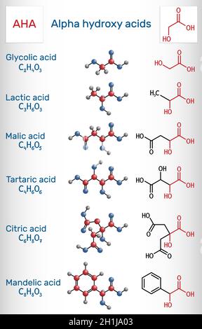 Alpha-Hydroxy-Säuren, AHA. Glykolisch C2H4O3, laktisch C3H6O3, malisch C4H6O5, tartar C4H6O6, citric C6H8O7, Mandelsäure C8H8O3-Molekül. Strukturell Stock Vektor