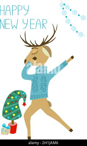 Grußkarte zum neuen Jahr. Niedlicher tanzender Hirsch in einem Pullover mit einem Geschenk und einem Neujahrsbaum. Stock Vektor