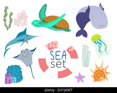 Satz von Vektorgrafiken zum Thema Marine. Meeresschildkröte, Sägefische, Stachelrochen, Quallen, Wale. Stock Vektor