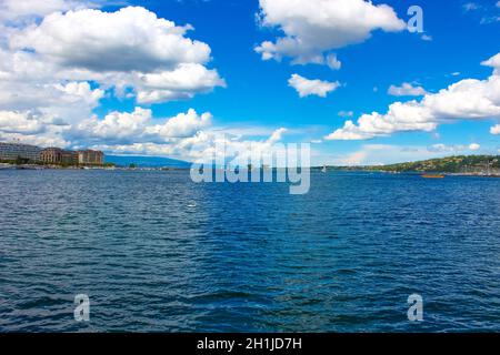 Genfer See. Panoramablick über Hafen Bezirk mit blauem Himmel und Wolken im Sommer, der Kanton Genf, Schweiz Stockfoto