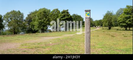 SCHALKENMEHREN, DEUTSCHLAND - 23. JUNI 2020: Fernwanderweg Eifelsteig mit Fokus auf das typische Wanderzeichen am 23. Juni 2020 in Deutschland Stockfoto