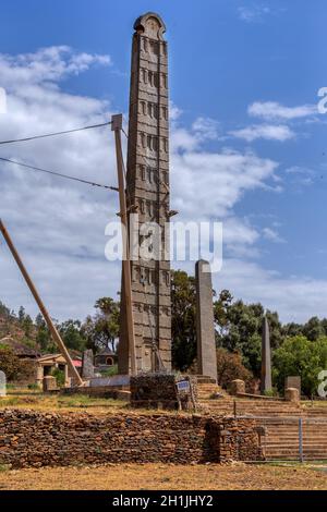 Alte Monolith Stein Obelisk, Symbol der alten Aksumit Zivilisation in der Stadt Aksum, Äthiopien. UNESCO-Weltkulturerbe. Afrikanische Kultur und Histo Stockfoto