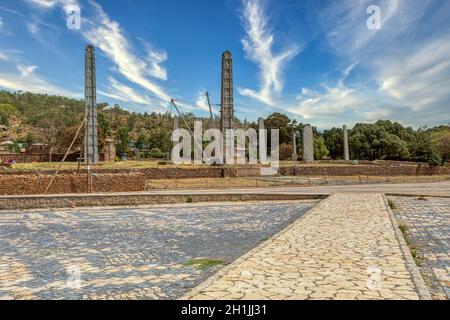 Alte Monolith Stein Obelisk, Symbol der alten Aksumit Zivilisation in der Stadt Aksum, Äthiopien. UNESCO-Weltkulturerbe. Afrikanische Kultur und Histo Stockfoto