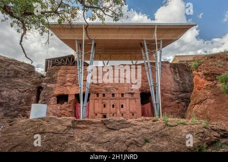 Biete oder Bette Abba Libanos, englisches Haus des Abtes Libanos, ist eine unterirdische, in Felsen gehauchte monolithische orthodoxe Kirche in Lalibela, Äthiopien. UNESCO Stockfoto