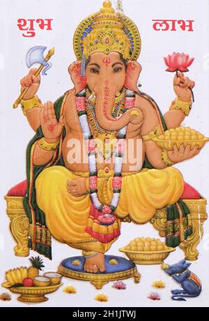 Farbenfrohe Illustration der Hindu-Göttin Ganesha an der Wand in Pushkar, Indien Stockfoto