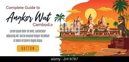 Design für soziale Netzwerke und Websites Kambodscha mit dekorativem Hintergrund, Sehenswürdigkeiten, Reise- und Touristenattraktion, Angkor Wat, Siem Reap, Kambodscha wi Stock Vektor