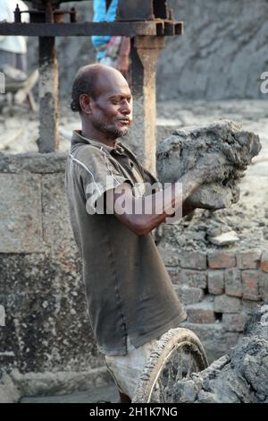 Ziegelfeld. Arbeiter tragen abgelagerte Böden für die Herstellung von rohem Ziegel in Sarberia, Westbengalen, Indien. Stockfoto