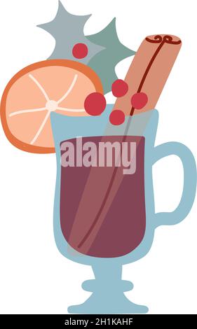 Weihnachtsgetränk Glühwein mit Zimt und Stechpalme Dekorationen. Vektorgrafik in flacher Form auf weißem Hintergrund Stock Vektor