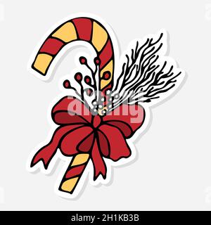 Weihnachts-Karamellstock mit roter Schleife und Stechbeeren, Stickerdoodle für das Deko-Design der Feier. Weihnachtssticker im Cartoon-Stil. Neues Jahr Stock Vektor