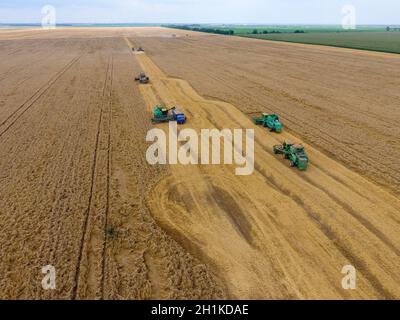 Krasnodar, Russland - 22 Juli 2017: Ernte von Weizen Harvester. Landwirtschaftliche Maschinen, die Ernte auf dem Feld. Landwirtschaftliche Maschinen in Betrieb. Stockfoto