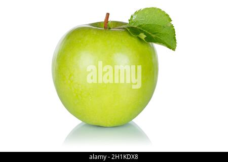 Apfelfrucht grün mit Blatt frisch isoliert auf weißem Hintergrund Stockfoto