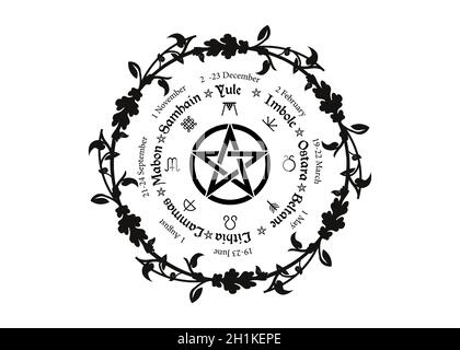 Rad des Jahres ist ein jährlicher Zyklus saisonaler Feste. Wiccan Kalender und Feiertage. Kompass mit Pentagramm mit Blumen und Blättern heidnisches Symbol, Stock Vektor