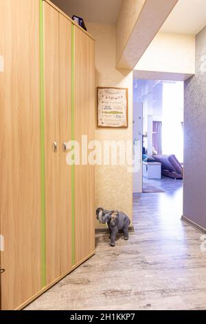 Anapa, Russland - 23. August 2020: Innenraum des Korridors in der Wohnung, Durchgang zur Halle und ein großer Kleiderschrank Stockfoto