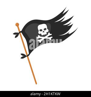 Piratenflagge mit Totenkopf. Karnevalskostüm Requisiten. Party-Abenteuer. Piratensymbol auf weißem Hintergrund isoliert. Vektor-Illustration im flachen Cartoon-Stil Stock Vektor