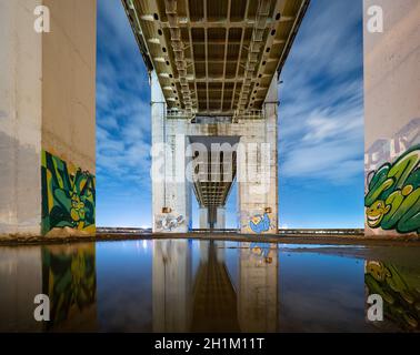 Untere Ansicht der Brücke mit Säulen mit Graffiti. Nachtansicht mit schönem Himmel und Reflexionen Brücke Säulen in Pfütze. Unterirdische Brücke in Nizhni Stockfoto