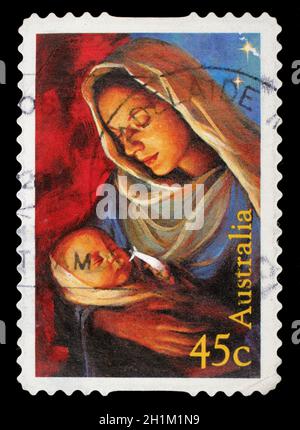 Die in Australien gedruckte Briefmarke zeigt Madonna mit Kind, Weihnachten, um 2006 Stockfoto