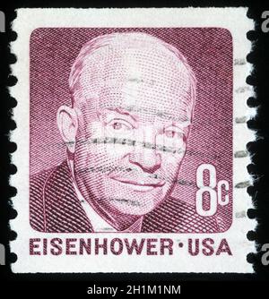 Die in den Vereinigten Staaten von Amerika gedruckte Briefmarke zeigt das Bild des ehemaligen US-Präsidenten Dwight Eisenhower, Serie, um 1971 Stockfoto