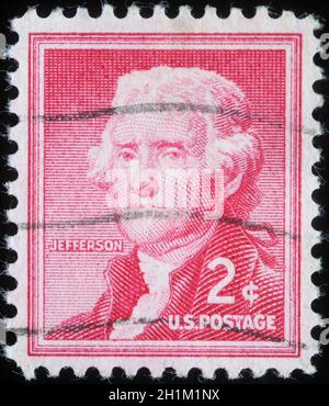 Die in den Vereinigten Staaten von Amerika gedruckte Briefmarke zeigt Thomas Jefferson, 3. Präsident der USA 1801-1809, um 1954 Stockfoto