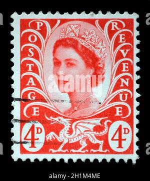 Welsh verwendete Briefmarke zeigt Portrait von Königin Elizabeth 2. ca. 1958 bis 1969 Stockfoto