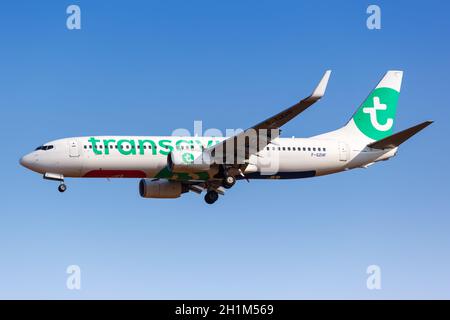 Athen, Griechenland - 21. September 2020: Transavia France Boeing 737-800 Flugzeug Athen Flughafen in Griechenland. Boeing ist ein amerikanischer Flugzeughersteller HE Stockfoto