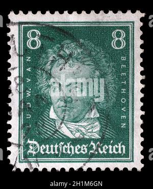 Gedruckt im Deutschen Reich Briefmarke zeigt Ludwig van Beethoven, deutscher Komponist und Pianist, ca. 1927. Stockfoto