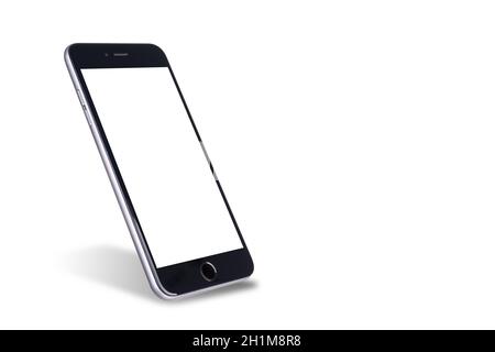 Schwarzes modernes Smartphone Mockup. Handy-Smartphone-Technologie vorne leeren Bildschirm Studio auf über weißem Hintergrund mit Clipping Maske Pfad isoliert aufgenommen Stockfoto