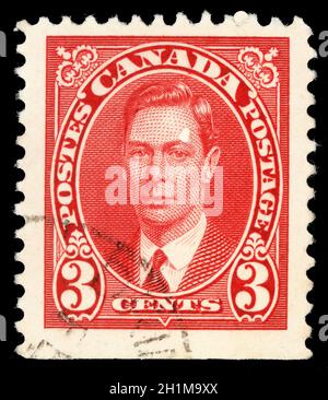 Stempel gedruckt in Kanada, zeigt Porträt von König George VI (1895-1952), um 1937 Stockfoto