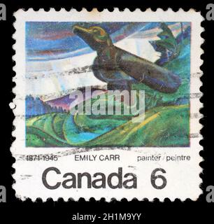 Briefmarke gedruckt von Kanada, zeigt Big Raven, von Emily Carr, um 1971 Stockfoto