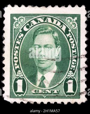 Stempel gedruckt in Kanada, zeigt Porträt von König George VI (1895-1952), um 1937 Stockfoto