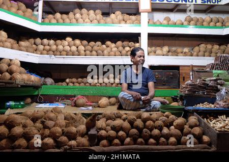 Der indische Verkäufer sitzt im New Market in Kalkata hinter einem großen Stapel von gehäuteten braunen Kokosnüssen Stockfoto