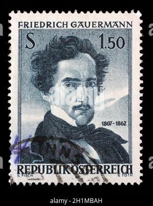 Briefmarke gedruckt von Österreich, zeigt Selbstporträt von Friedrich Gauermann, 100. Todestag, um 1962 Stockfoto