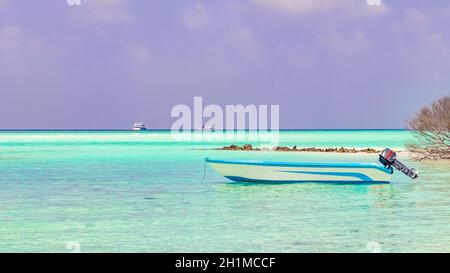 Boote und Bootsfahrt von Rasdhoo Atoll Insel Malediven nach Madivaru Finolhu und Kuramathi in schönem klarem Wasser. Stockfoto