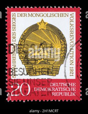 Gedruckt in DDR Stempel zeigt den 50. Jahrestag der mongolischen Republik, ca. 1971 Stockfoto