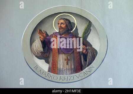 Saint Marko Krizin, Fresko in der Basilika des Heiligen Herzens Jesu in Zagreb, Kroatien Stockfoto